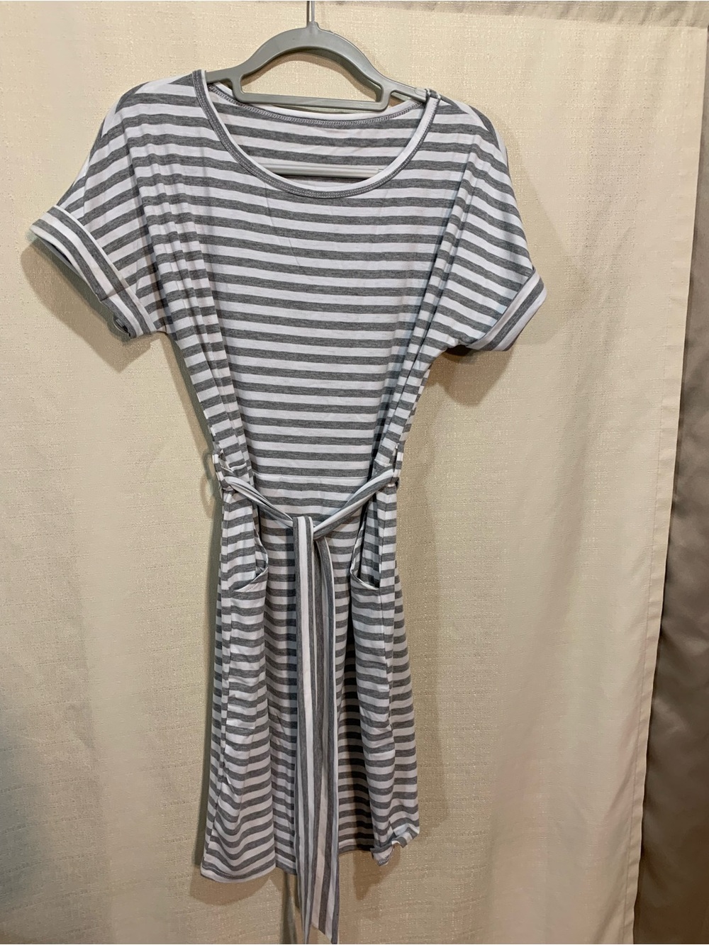 Gray & White Striped Midi Dress with Self Tie Waist a1/36